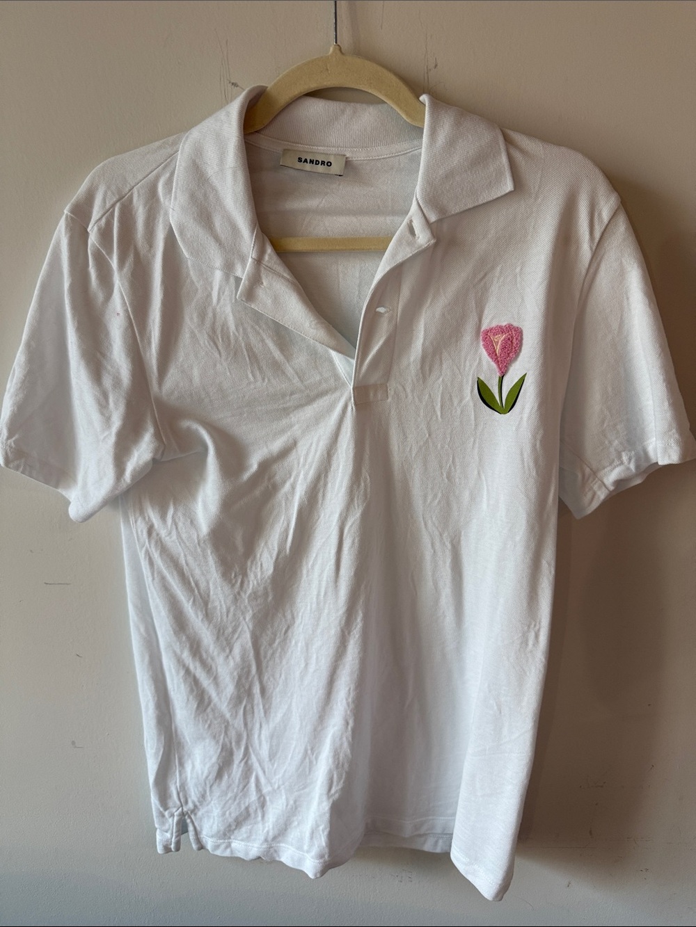 Sandro White Polo with Pink Tulip Patch